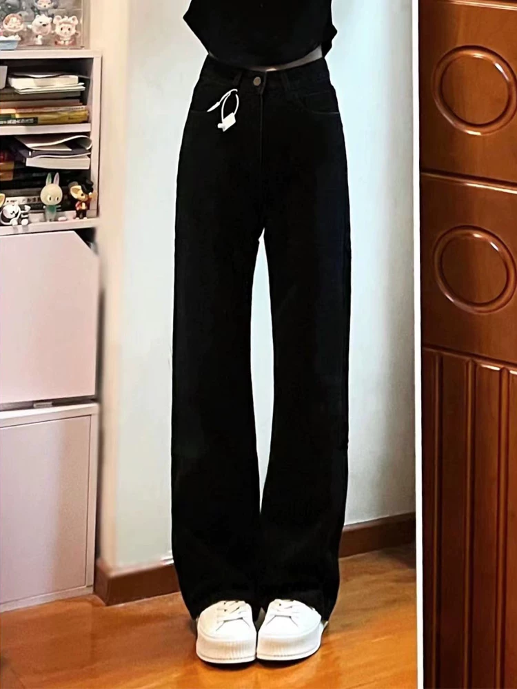 Quần jean ống thẳng dáng quả lê dành cho nữ, cỡ lớn, phong cách mới đầu thu, lưng cao, dáng rộng, dáng suông, quần dài đến sàn