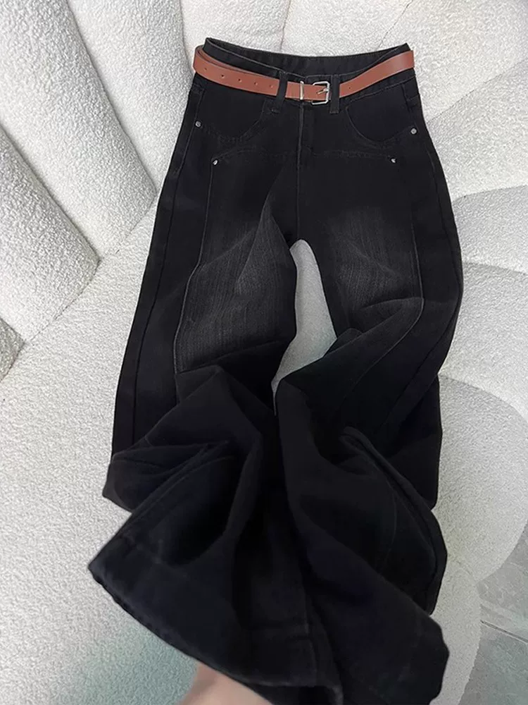 Quần jean ống thẳng dày lót lông màu đen và xám dành cho nữ, mùa thu đông, cỡ lớn, lưng cao, dáng rộng, che hông, quần ống rộng giúp giảm béo.