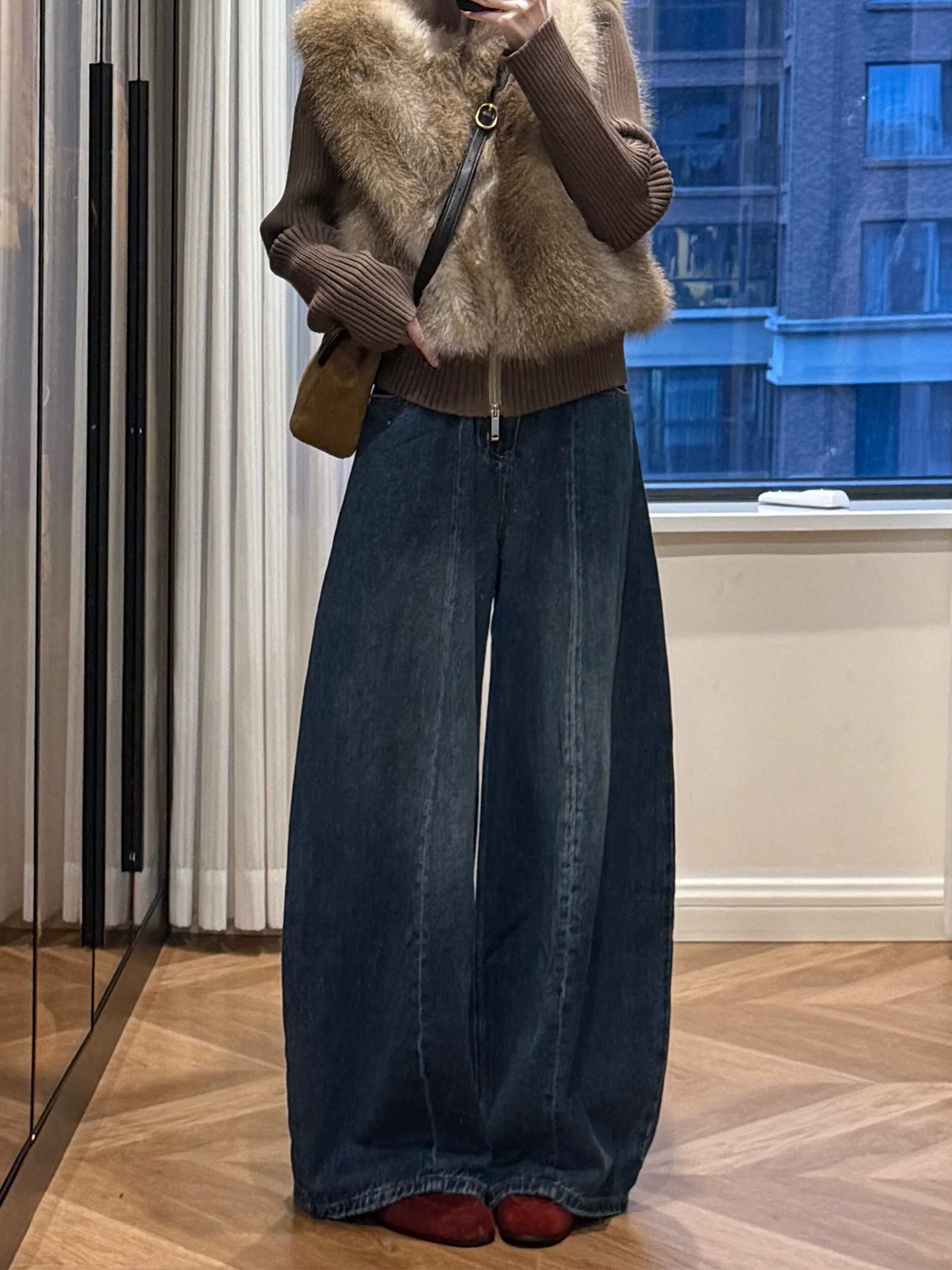Quần jean ống rộng màu xanh cổ điển dành cho nữ, mùa thu đông, lót lông cừu, cỡ lớn, dáng quả lê, lưng cao, dáng rộng, dáng thon gọn, quần dài đến sàn