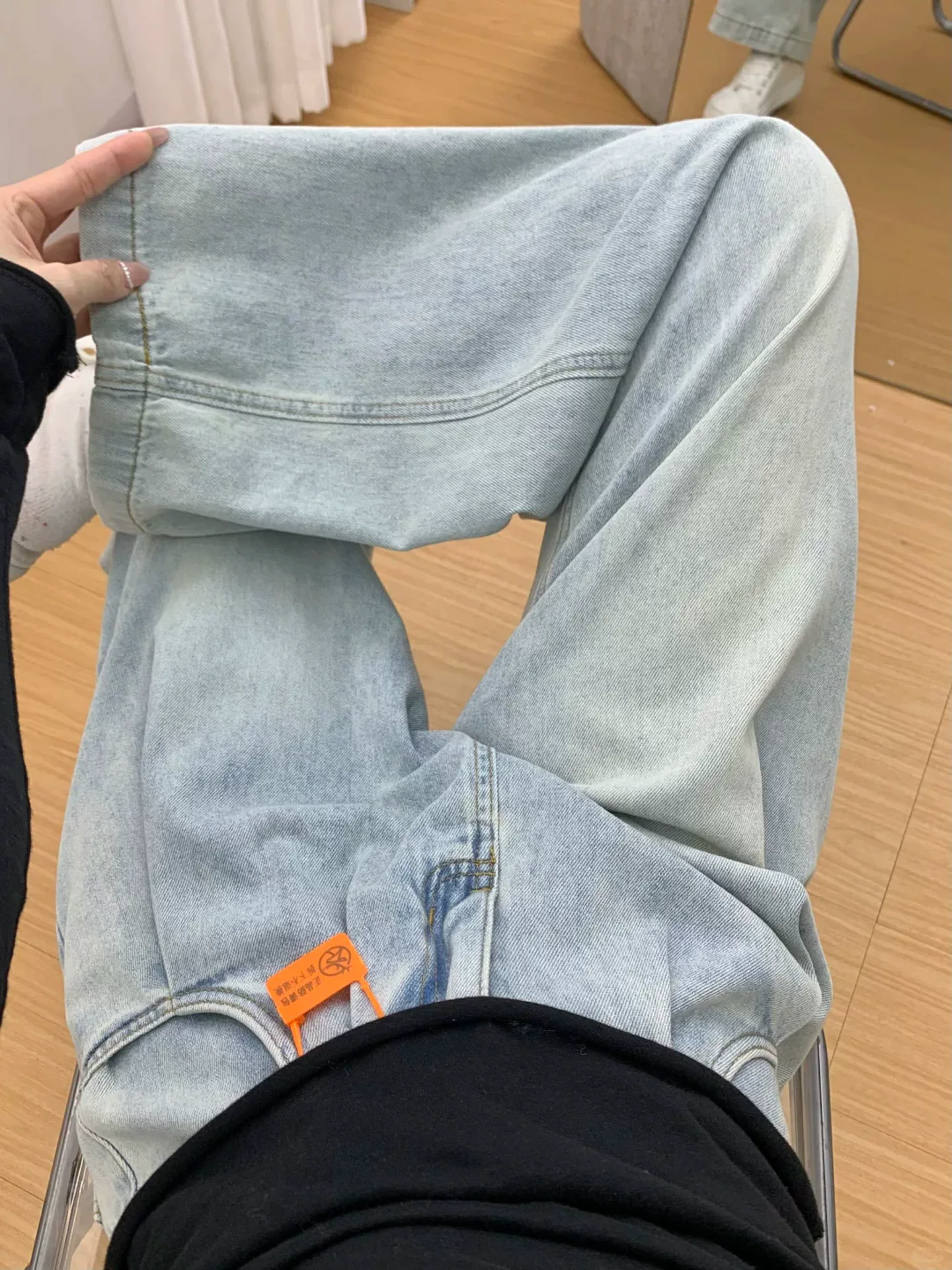 Quần jean ống thẳng màu sáng cho nữ, phong cách đầu thu, cỡ lớn, lưng cao, dáng rộng, che hông, giảm béo, dáng quả lê, quần ống rộng