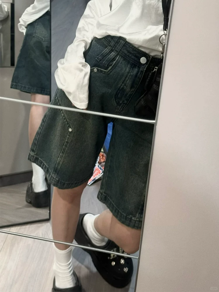 Quần short denim cổ điển kiểu Mỹ dành cho nữ, cỡ lớn mùa hè, lưng cao, dáng rộng, thon gọn, dáng quả lê, quần short dài vừa phải ống rộng