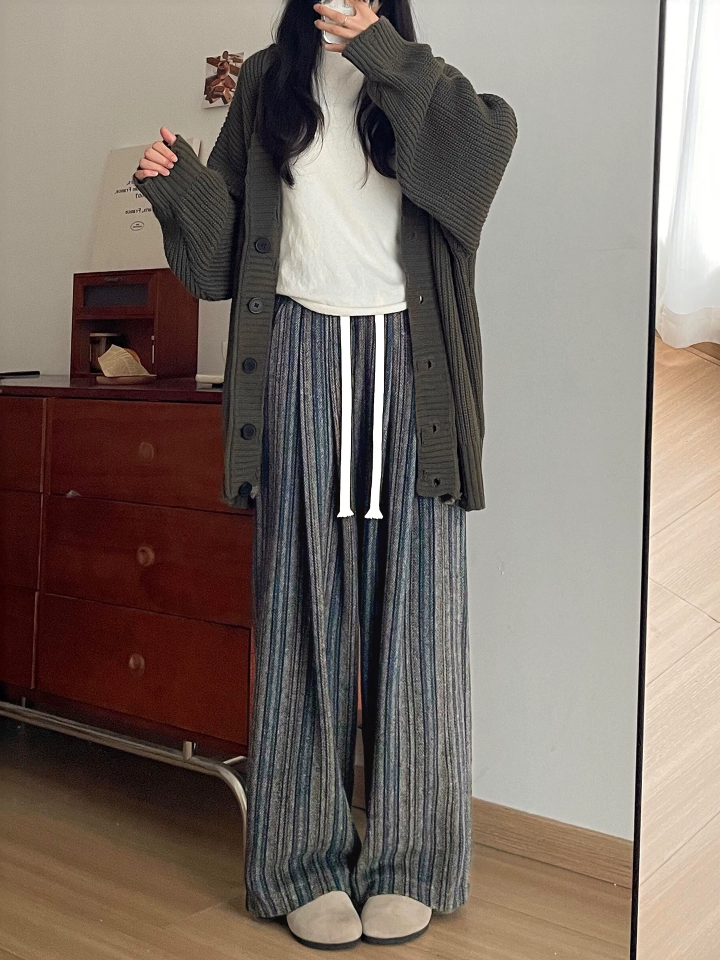 Quần ống rộng len phong cách lười biếng dành cho nữ, mùa thu đông, cỡ lớn, lưng cao, dáng rộng, thon gọn, dáng quả lê, quần sọc thường ngày