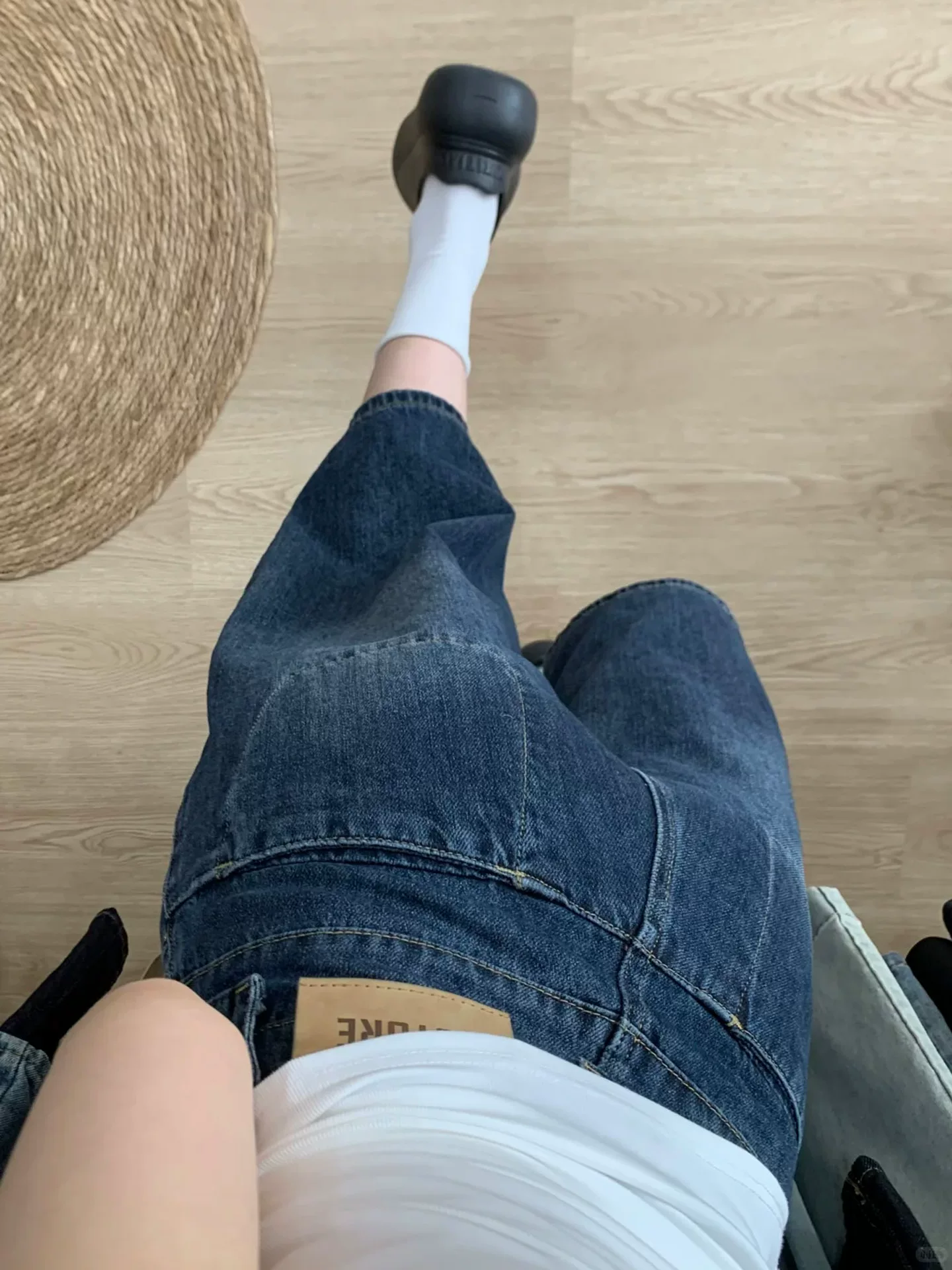 Quần ống rộng màu xanh đậm dành cho nữ, phong cách mùa hè, cỡ lớn, lưng cao, che hông, giảm béo, dáng quả lê, quần denim dài vừa phải.