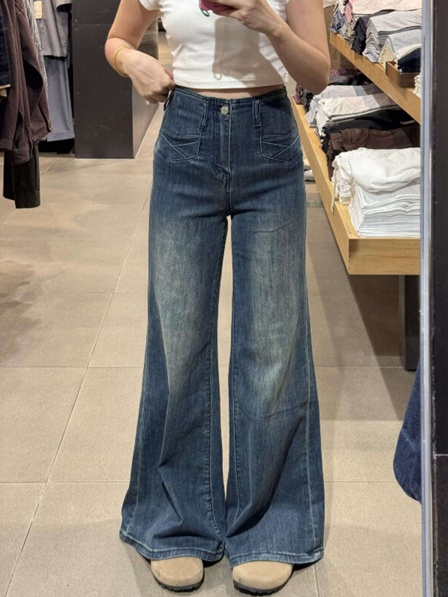 Quần jean bootcut kiểu Mỹ dành cho nữ, mùa thu, ống rộng, tôn dáng, size lớn, cạp cao, co giãn, quần loe tôn dáng