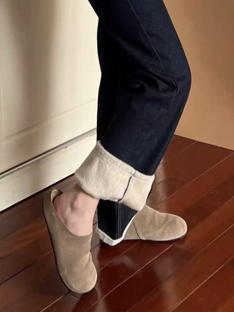 Quần jean dày lót lông màu xanh đậm dành cho nữ, kiểu dáng thu đông mới, cỡ lớn, lưng cao, dáng rộng, dáng suông, quần ống rộng hẹp.