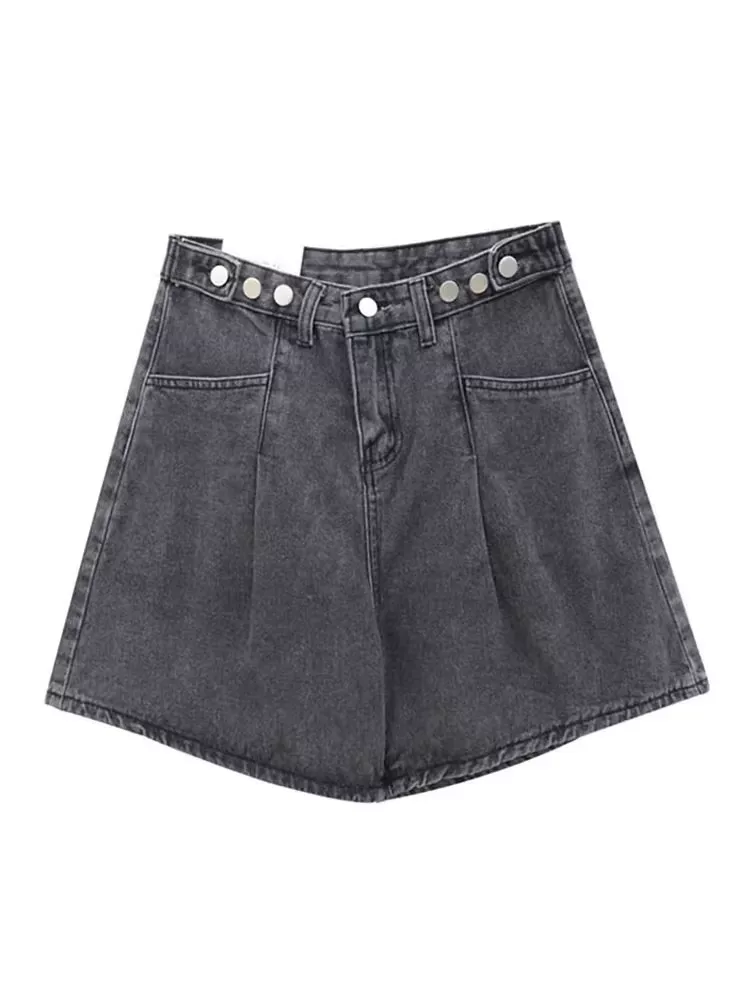 Quần short denim dáng quả lê dành cho nữ, cạp cao mùa hè, tôn dáng, che hông, size lớn, quần short dáng chữ A rộng ống rộng năm phần.