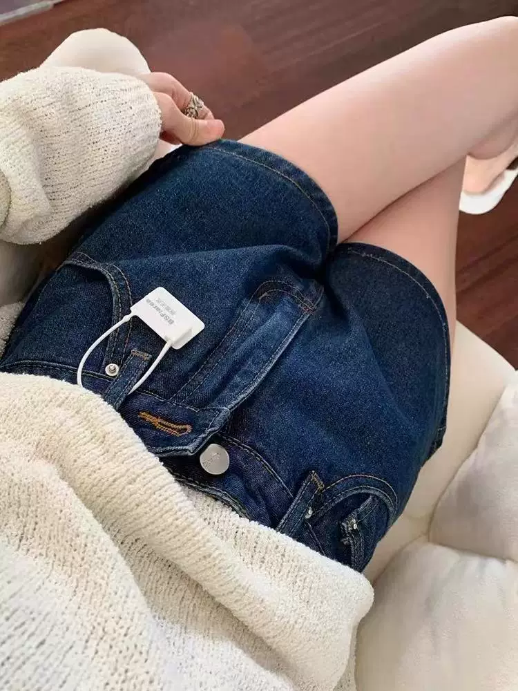Quần short denim xanh A-line nữ mùa hè 2025, size lớn, cạp cao, dáng rộng, che hông, tôn dáng, ống rộng, quần short thời trang