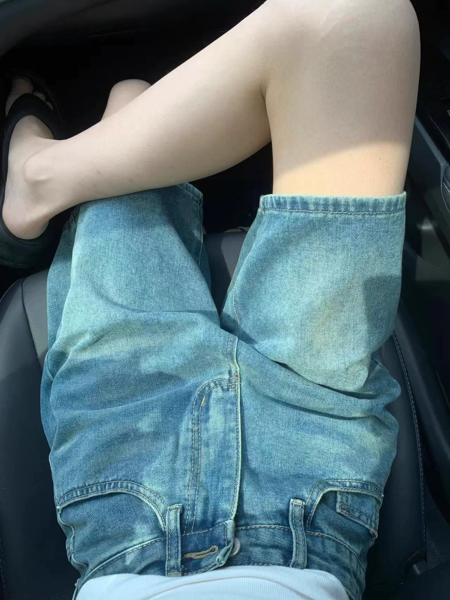 Quần short denim nữ, kiểu dáng mùa hè, cỡ lớn, cạp cao, che hông, giảm béo, dáng quả lê, chân thẳng, quần short dài vừa phải ống rộng