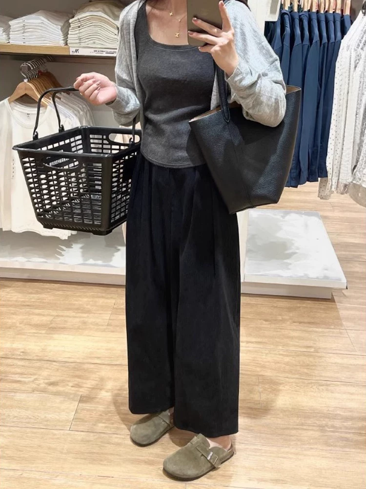 Quần vải nhung đen thường ngày dành cho nữ, cỡ lớn, mùa thu đông, lót lông cừu, dày dặn, phong cách lười biếng, lưng cao, giảm béo, quần ống rộng.