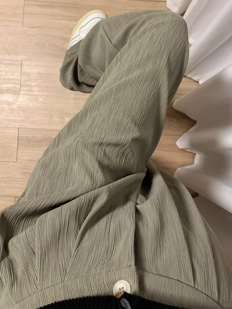 Quần âu nữ màu xanh xám, kiểu mới xuân 2025, size lớn, cạp cao, dáng rộng, che hông, quần ống rộng tôn dáng