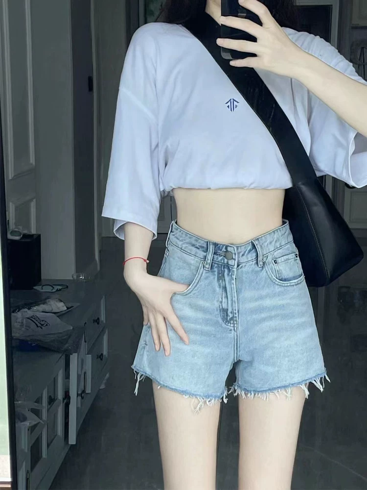 Quần short denim xẻ tà hình quả lê dành cho nữ, cỡ lớn mùa hè, lưng cao, dáng rộng, che hông, quần ống rộng chữ A tôn dáng