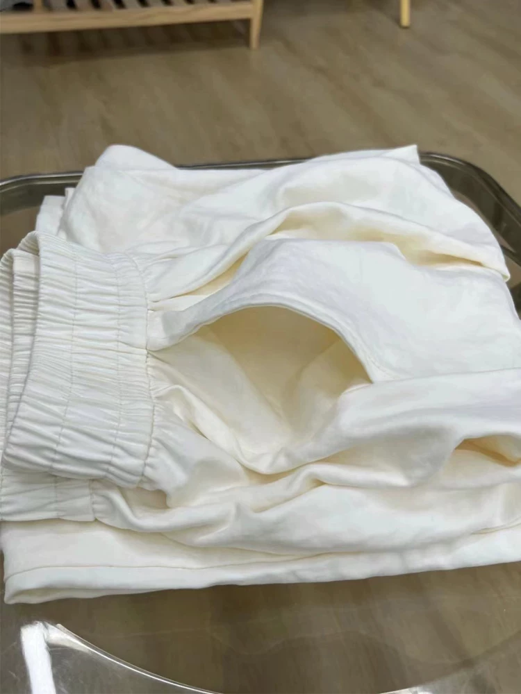 Quần âu dáng lê màu trắng dành cho nữ, kiểu dáng mỏng mùa hè, cỡ lớn, lưng cao, mềm mại, tôn dáng, quần ống rộng.