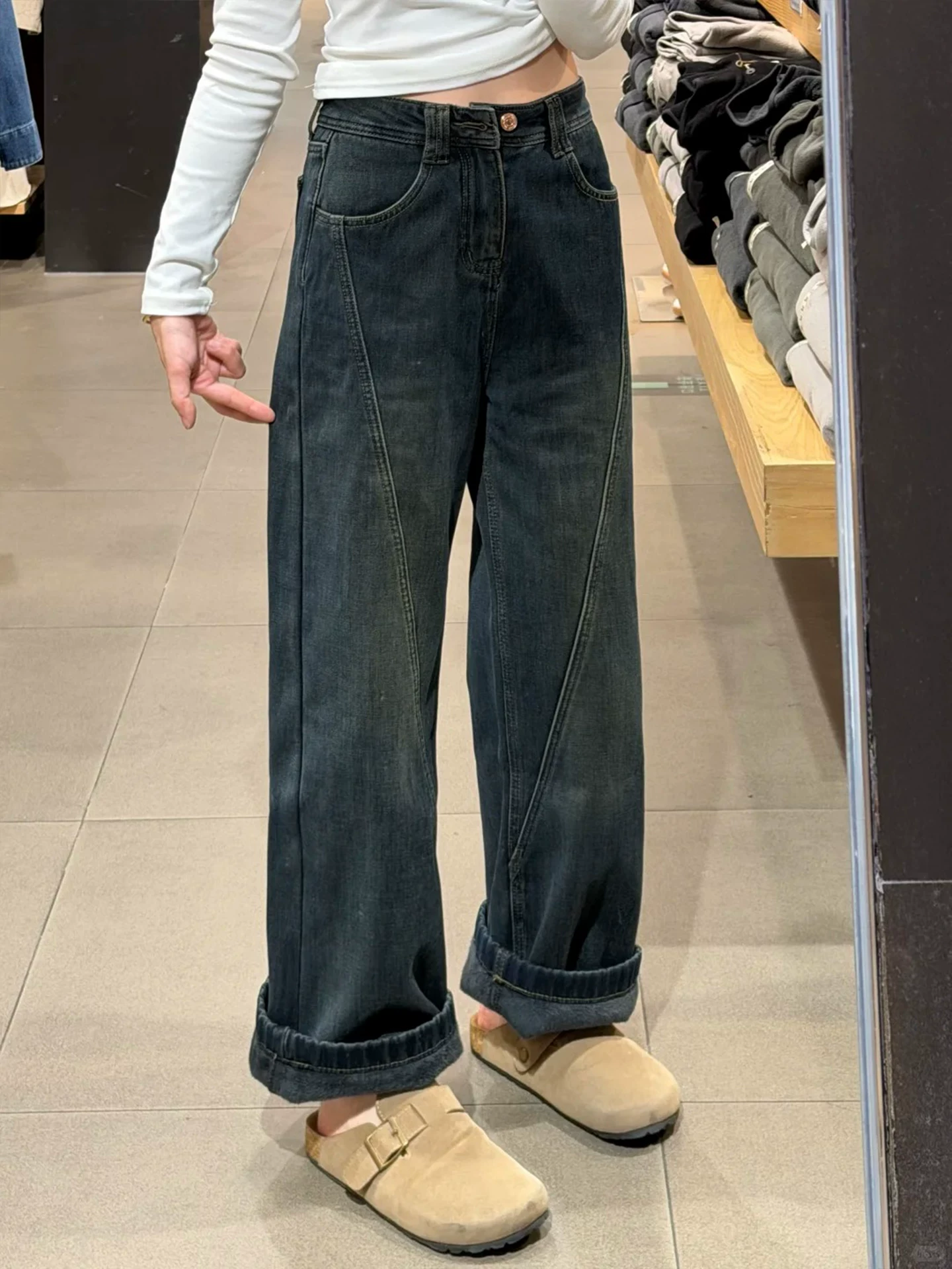 Quần jean ống đứng cổ điển dành cho nữ, lót lông cừu, dày, cỡ lớn, cạp cao, che hông, tôn dáng, quần ống rộng hẹp