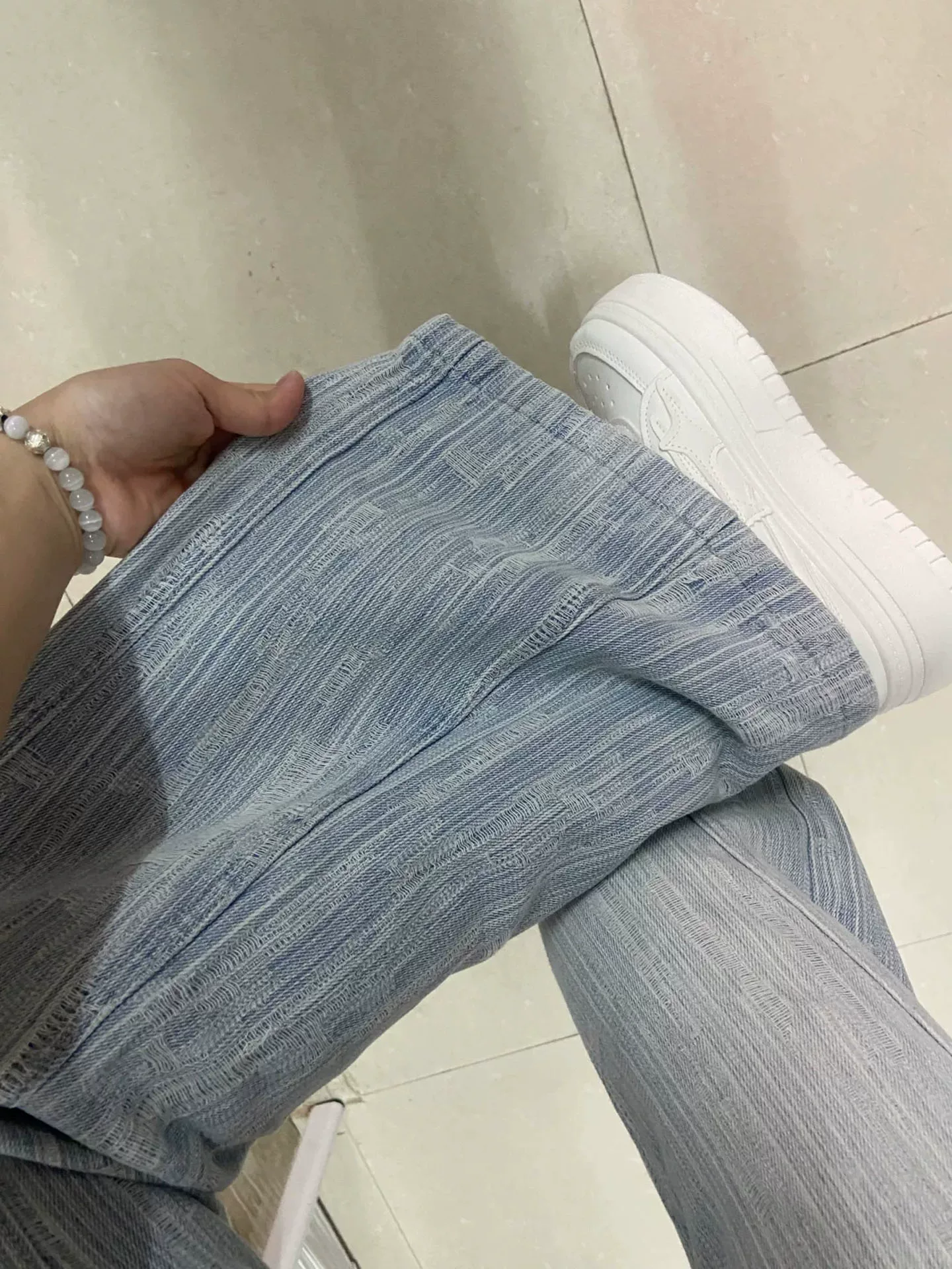 Quần jean ống loe jacquard màu sáng cho nữ, đầu thu, cỡ lớn, lưng cao, dáng rộng, giảm béo, quần ống loe