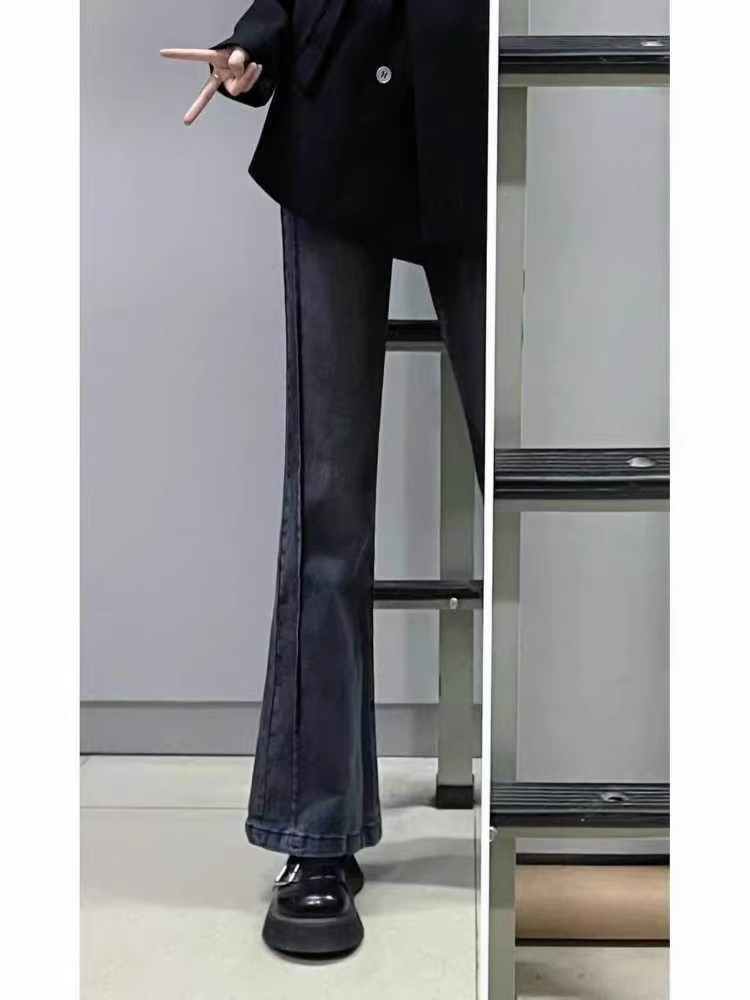 Quần jean đen xám dáng loe nữ, kiểu mới thu đông 2025, size lớn, cạp cao, co giãn, che hông, quần ống loe tôn dáng.