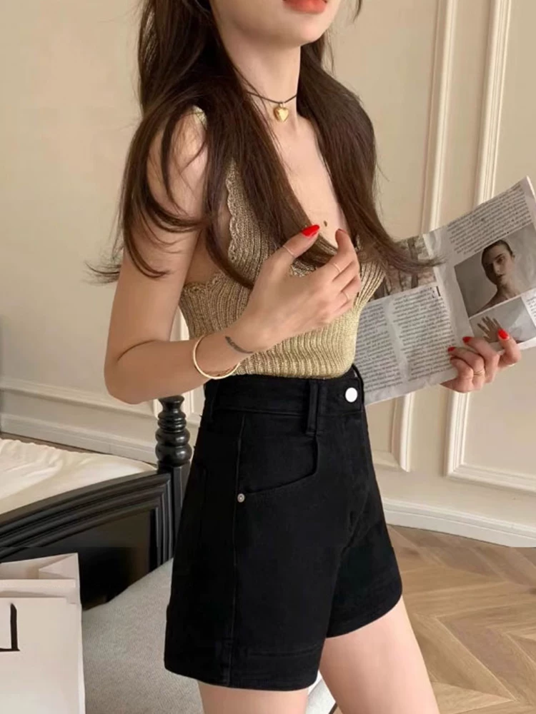 Quần short denim ống đứng màu đen dành cho nữ, cỡ lớn mùa hè, cạp cao, co giãn, che hông, giảm béo, quần ống rộng chữ A đa năng.