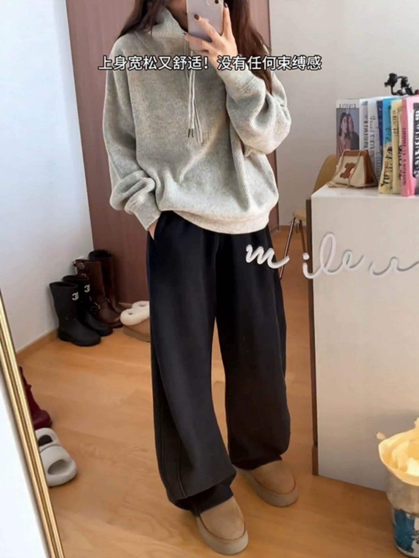 Quần dài cắt kiểu dao dày dặn, lót lông cừu, màu đen, dành cho nữ, mùa thu đông, cỡ lớn, lưng cao, dáng rộng, mềm mại, tôn dáng, quần ống rộng.