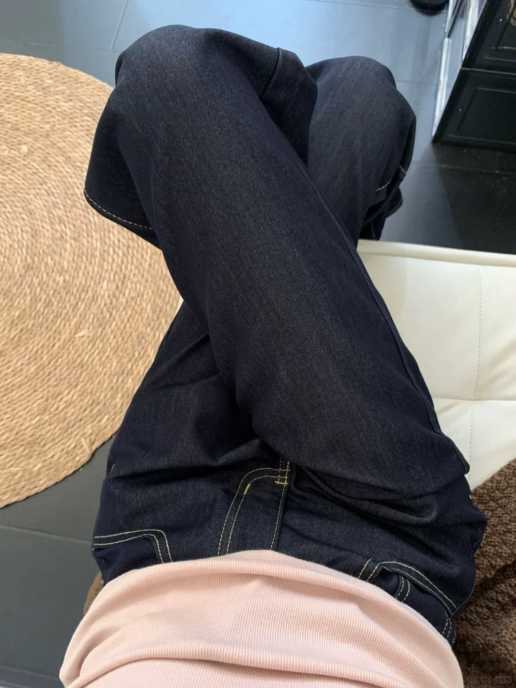 Quần jean xòe màu xanh đậm chất liệu Tencel dành cho nữ, kiểu dáng mỏng mùa hè 2025, size lớn, cạp cao, chất liệu mềm mại, tôn dáng, kiểu dáng chuông.