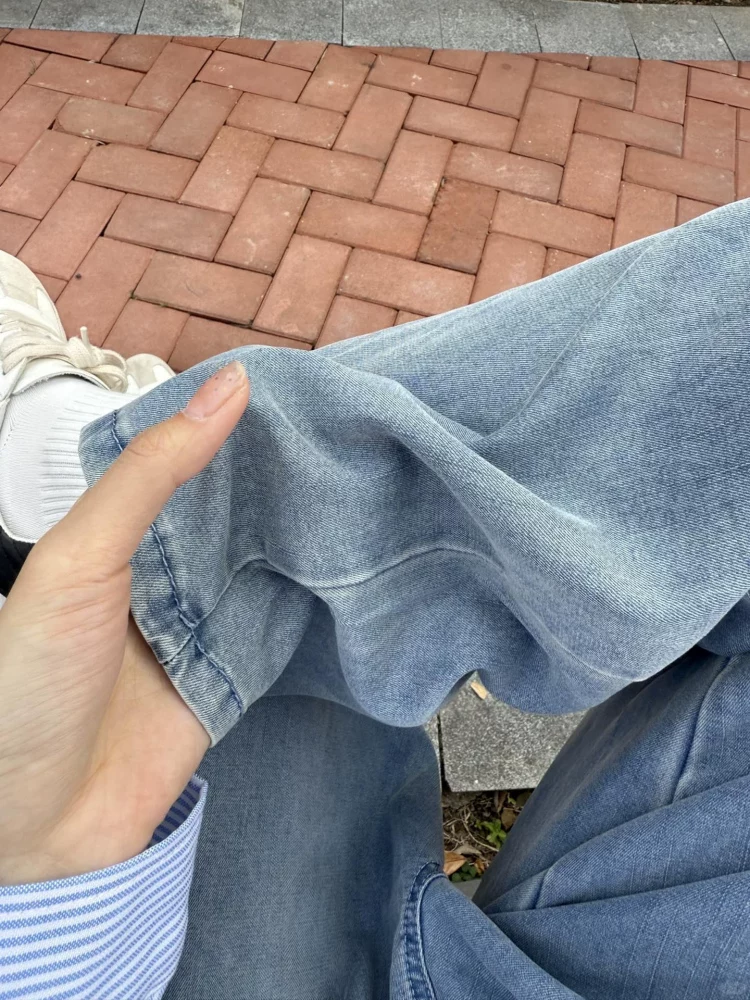 Quần jeans Tencel nữ hè 2025 mỏng, size lớn, plus size, cạp cao, dáng rộng, tôn dáng, chất liệu lụa đá, quần ống rộng