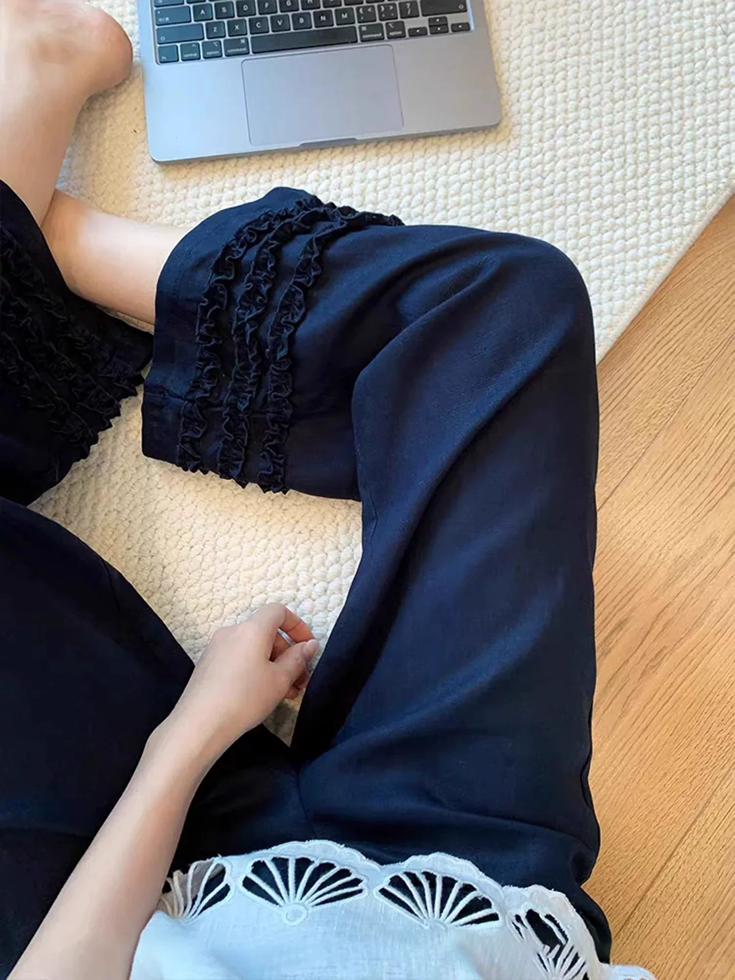 Quần vải lanh xòe màu xanh hải quân dành cho nữ, kiểu dáng mỏng mùa hè, cỡ lớn, lưng cao, dáng rộng, dáng rộng, quần ống rộng lười biếng.