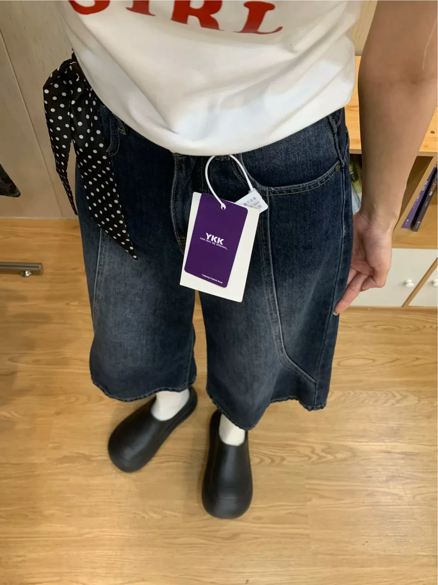 Quần short denim crop màu xanh đậm dành cho nữ, cỡ lớn mùa hè, lưng cao, dáng rộng, giảm béo, dáng quả lê, quần ống rộng dài vừa phải