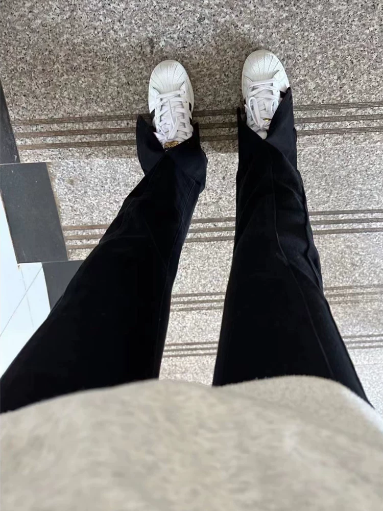 Quần jean đen dáng lê dành cho nữ cỡ lớn, kiểu mới đầu thu, cạp cao, co giãn, xẻ tà, tôn dáng, ống thẳng