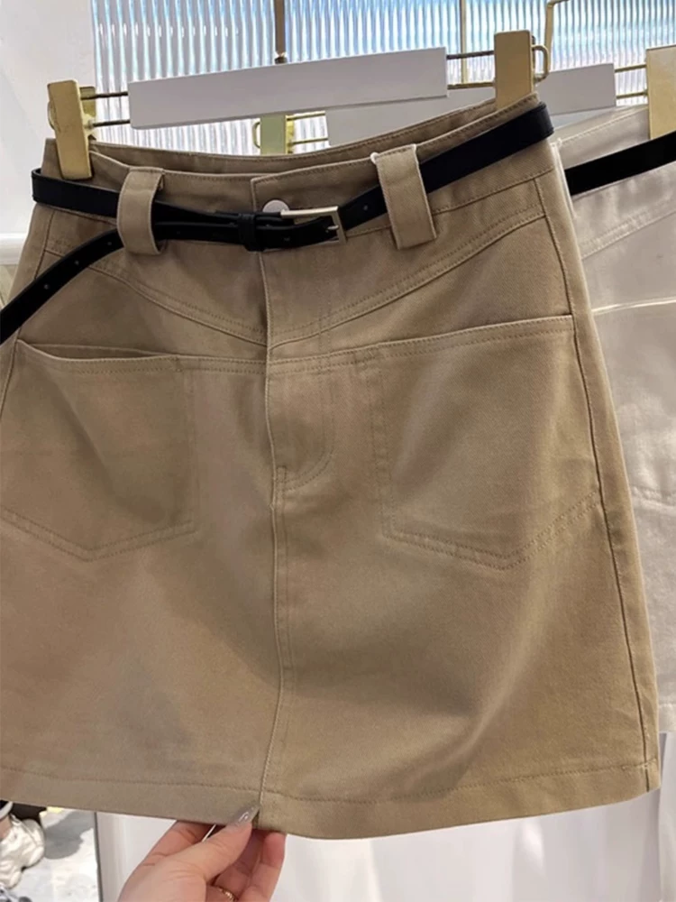 Váy công sở màu kaki dành cho nữ, cỡ lớn mùa hè, váy nửa thân denim, lưng cao, che hông, váy bút chì chữ A thon gọn, váy ngắn.