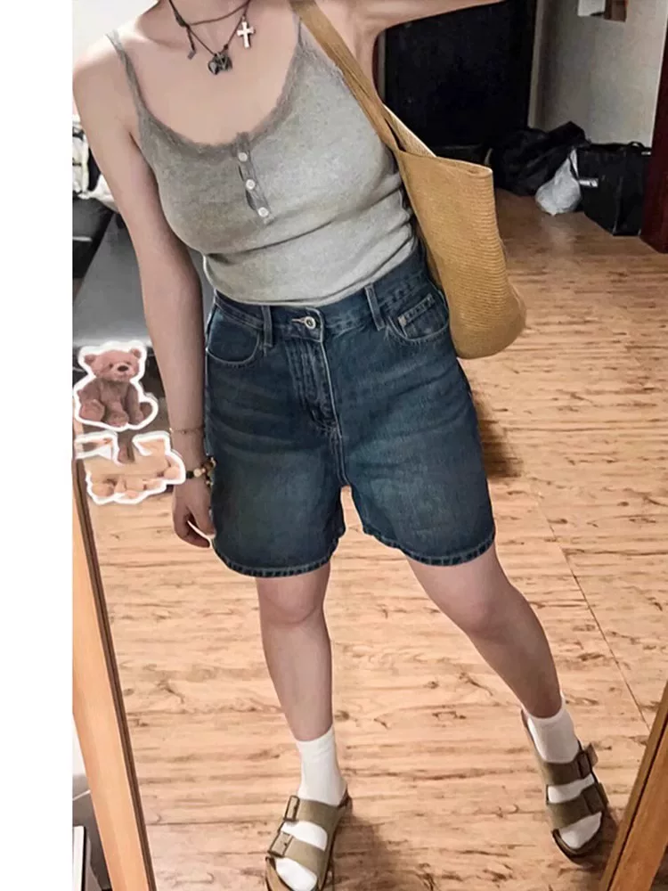 Quần short denim ống rộng kiểu dáng cổ điển hình quả lê dành cho nữ, cỡ lớn mùa hè, cạp cao, dáng rộng, dáng suông, quần short dài vừa phải, dáng thẳng.