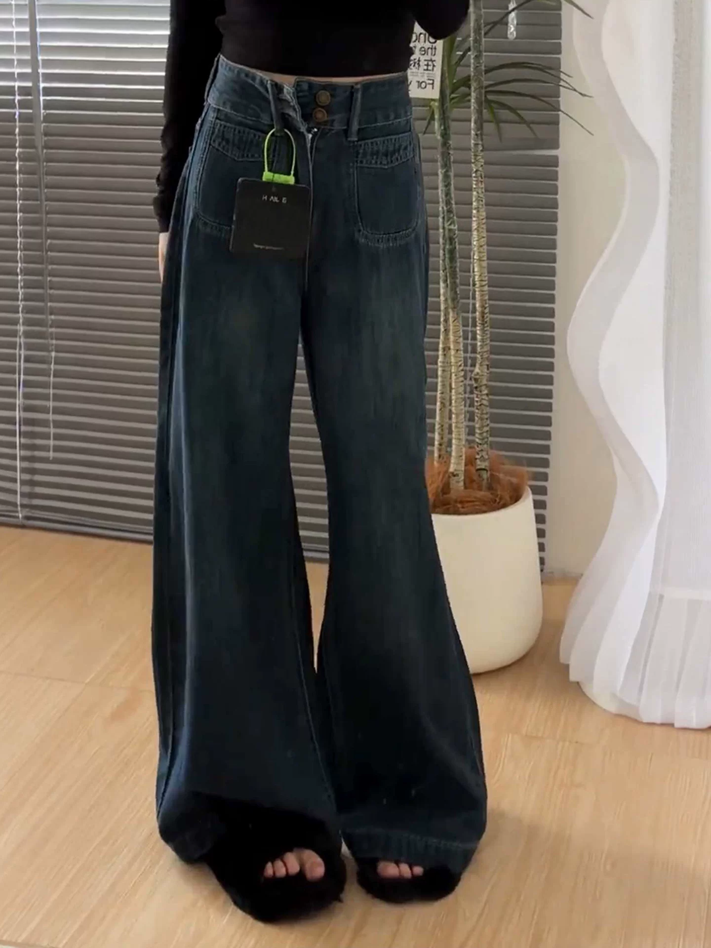 Quần jean ống rộng cổ điển dành cho nữ, mùa thu đông, lót lông cừu, cỡ lớn, lưng cao, rộng rãi, mềm mại, phong cách thường ngày, ống thẳng, dài chạm sàn.