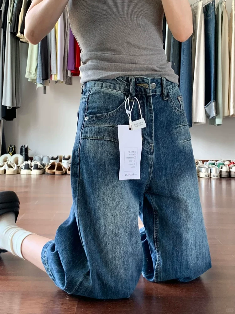 Quần short denim ba phần tư phong cách retro của Mỹ dành cho nữ, cỡ lớn mùa hè, lưng cao, dáng rộng, thon gọn, ống rộng, quần dài vừa phải.