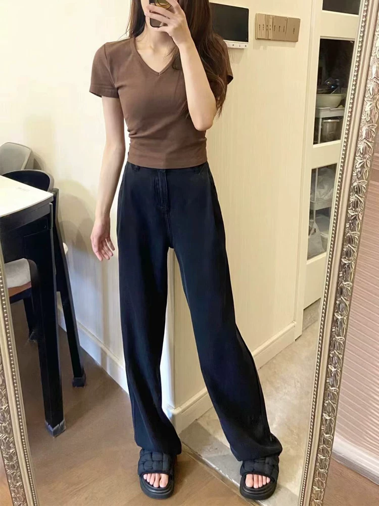 Quần jean ống đứng Tencel màu đen dành cho nữ, kiểu dáng mỏng mùa hè, cỡ lớn, lưng cao, dáng rộng, mềm mại, tôn dáng, quần ống rộng bằng vải lụa đá.