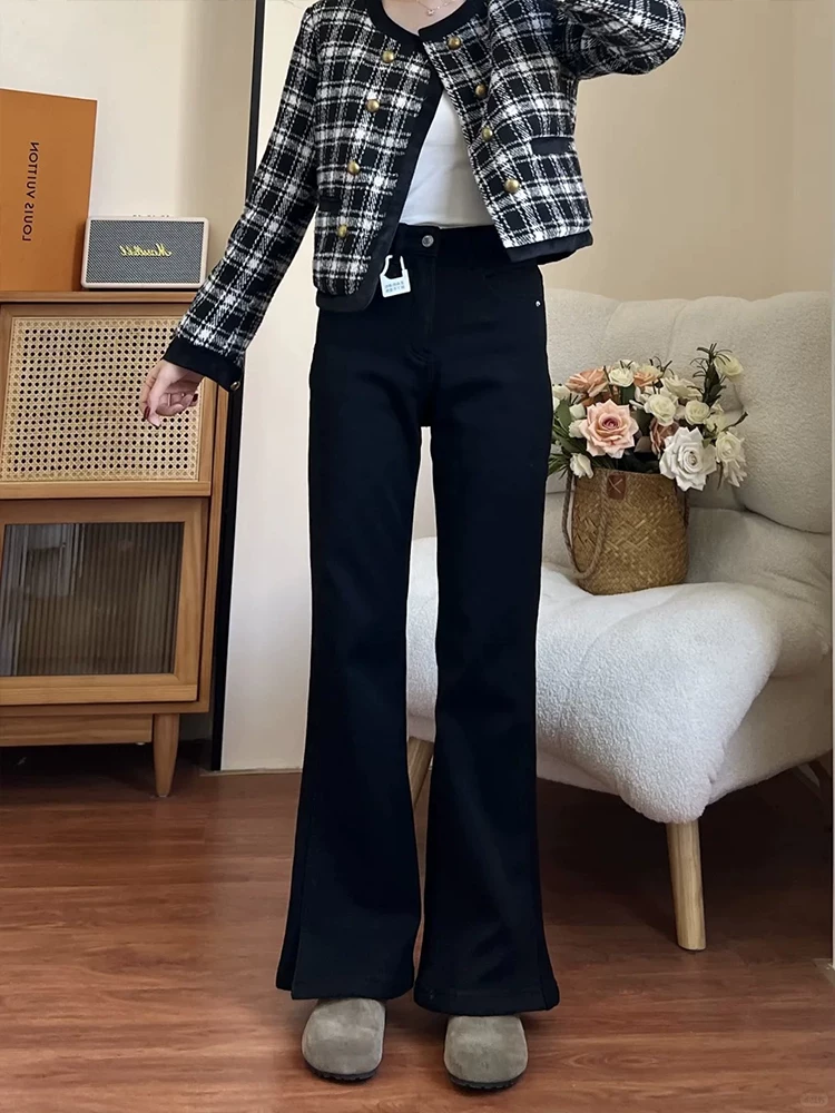 Quần jean đen ống đứng loe dành cho nữ, mùa đông, cỡ lớn, cạp cao, che hông, co giãn, dáng quả lê, quần ống chuông lót lông cừu