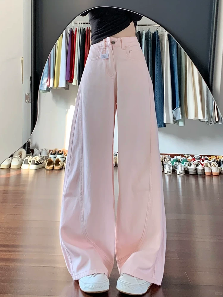 Quần jeans ống rộng màu hồng dành cho nữ mùa hè 2025, size lớn, cạp cao, dáng rộng, suôn mềm, tôn dáng, kiểu dáng thẳng