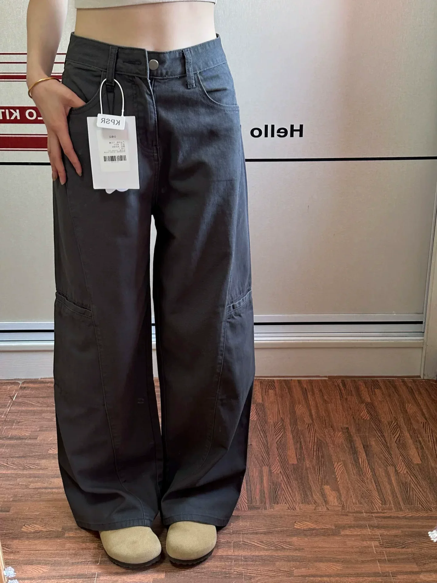 Quần cargo màu xám thường ngày dành cho nữ, mùa thu, cỡ lớn, lưng cao, dáng rộng, che hông, giảm béo, dáng quả lê, quần ống rộng