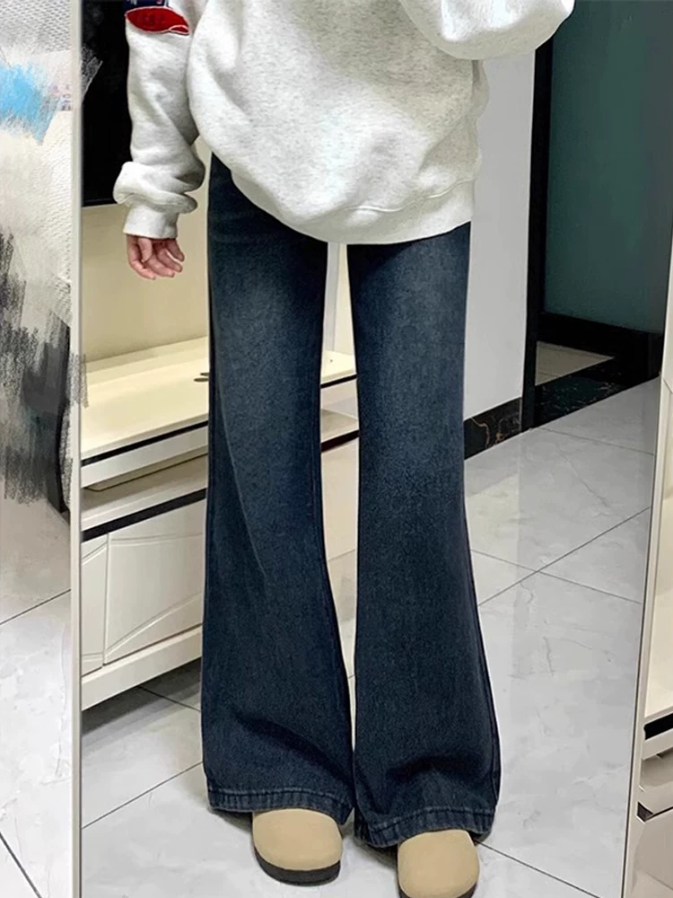 Quần jean ống loe dày lót lông cừu dành cho nữ, mùa thu đông, cỡ lớn, lưng cao, dáng rộng, thon gọn, không bó sát ở chân, quần ống chuông.