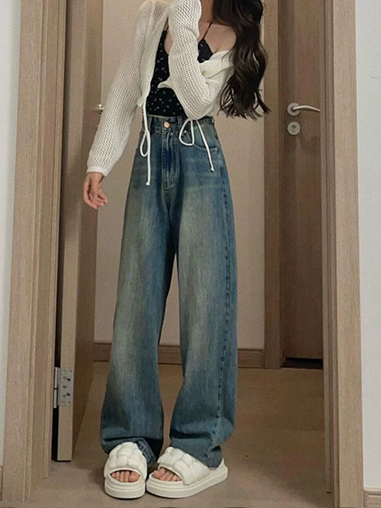 Quần jean ống thẳng dáng quả lê dành cho nữ, cỡ lớn, mặc đầu thu, lưng cao, dáng rộng, dáng suông, quần dài rộng, dài chạm sàn