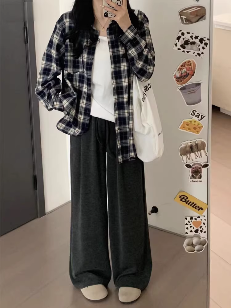 Quần gạo nếp dáng quả lê dành cho nữ, phong cách đầu thu, cỡ lớn, lưng cao, dáng rộng, mềm mại, tôn dáng, quần ống rộng lười biếng