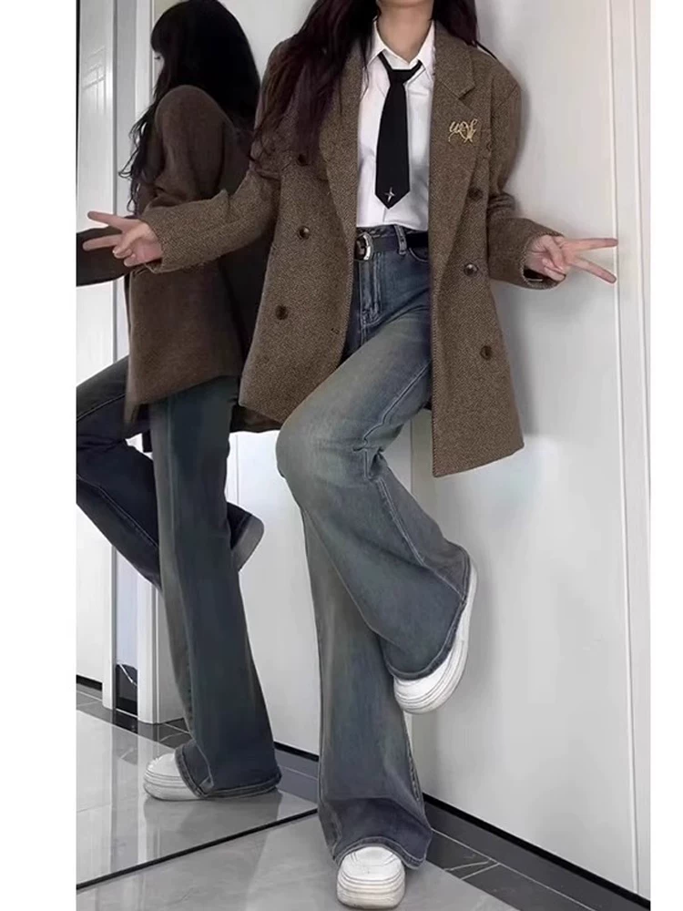 Quần jean xòe màu xanh cổ điển dành cho nữ, mùa thu đông, lót lông cừu, cỡ lớn, lưng cao, co giãn, che hông, giảm béo, quần chuông kiểu móng ngựa.