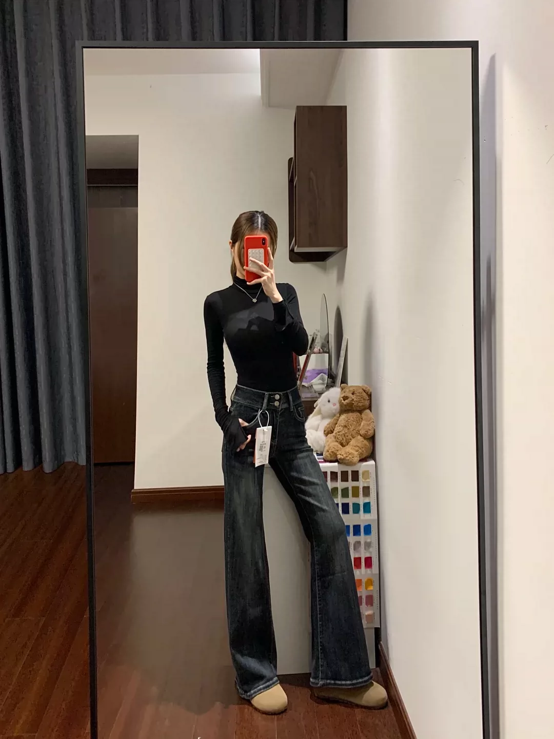 Quần jean ống loe màu xanh xám cổ điển của Mỹ dành cho nữ, mùa thu đông, cỡ lớn, lót lông cừu, dày dặn, cạp cao, quần ống loe thon gọn.