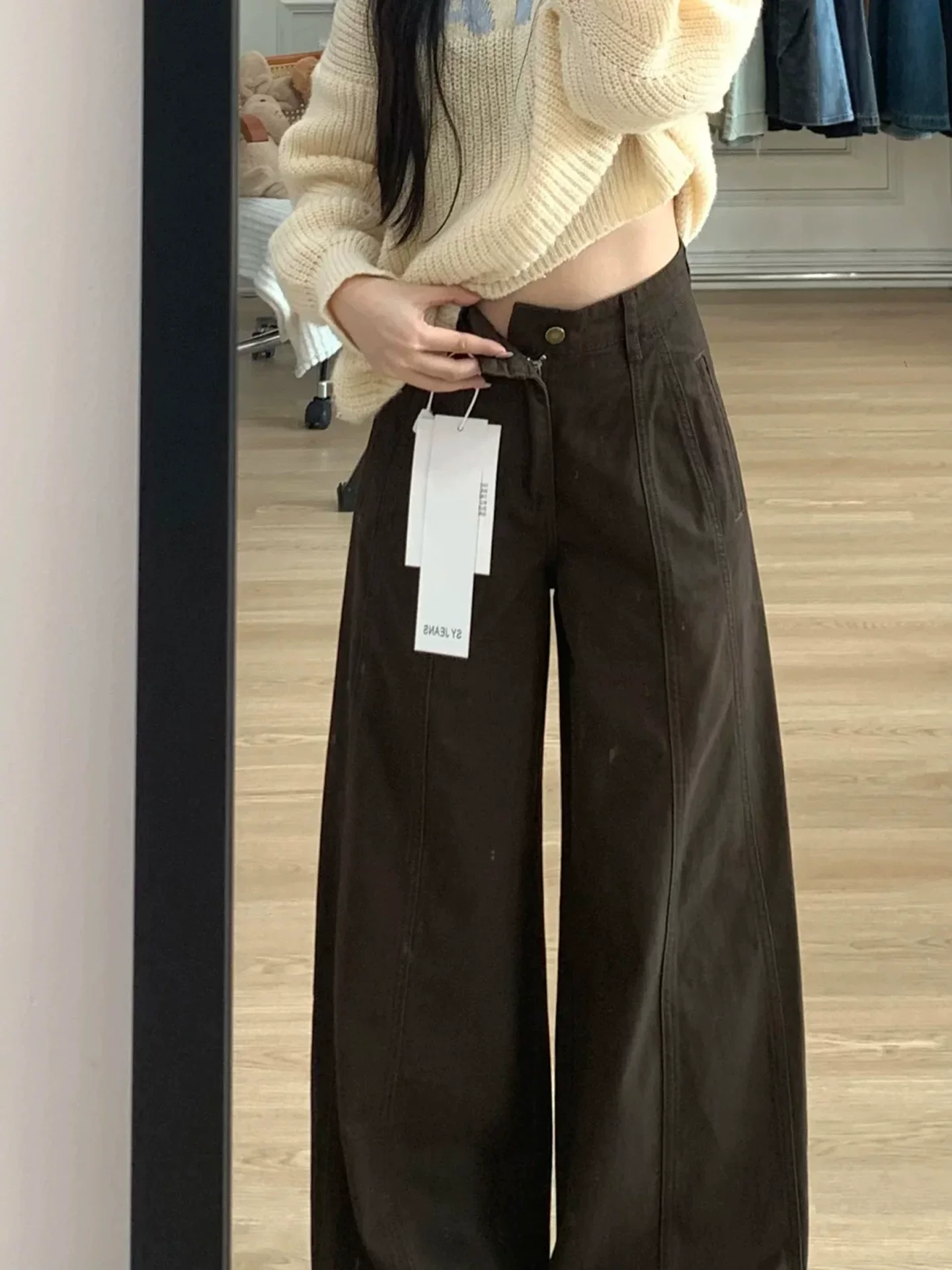 Quần jean ống đứng lưng cao màu cà phê Melard dành cho nữ, mùa thu đông, cỡ lớn, giảm béo, quần ống rộng, quần dài.