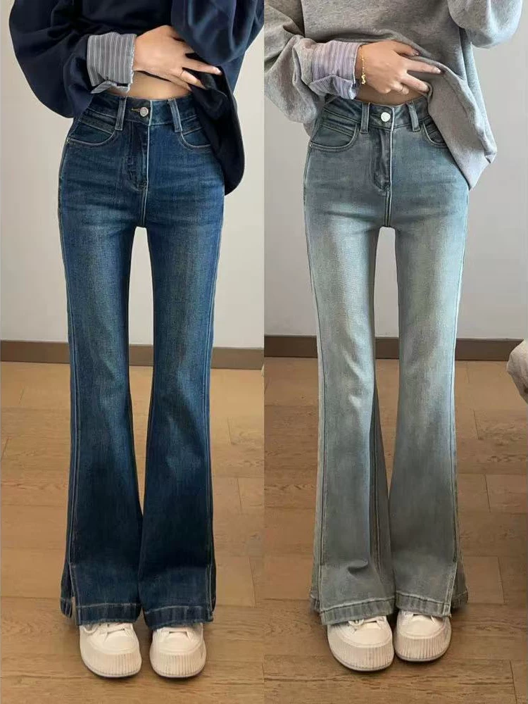 Quần ống loe dành cho nữ, kiểu dáng thu đông mới, cỡ lớn, lót lông cừu, dày dặn, cạp cao, che hông, co giãn, tôn dáng, quần denim ống loe.