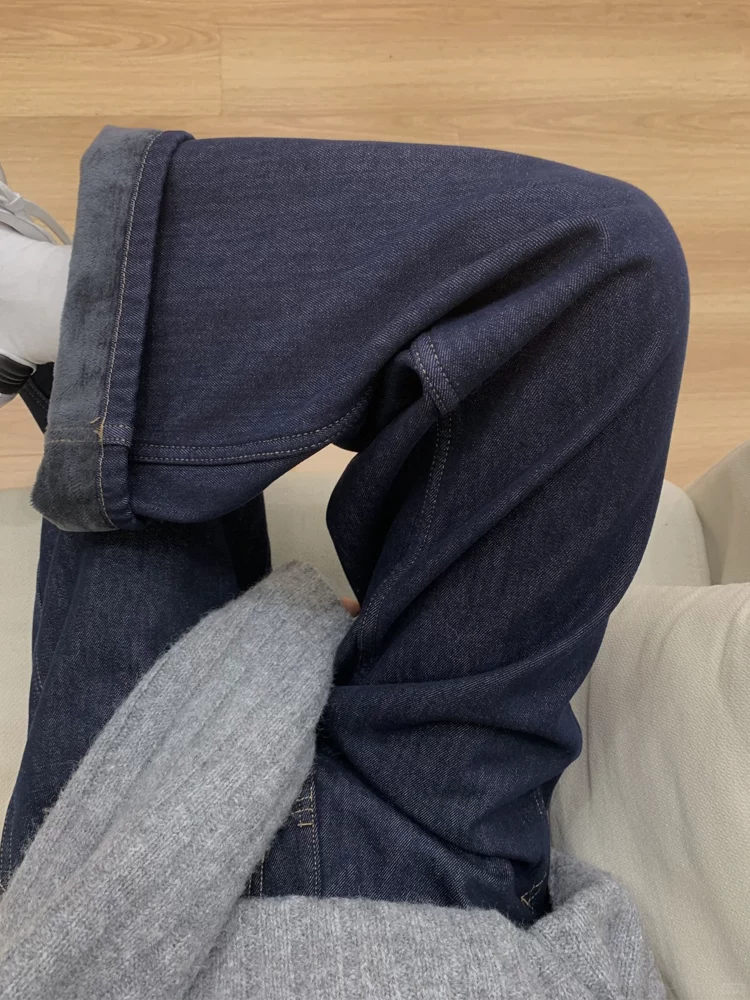 Quần jean ống đứng màu xanh đậm dành cho nữ, mùa thu đông, cỡ lớn, lót lông cừu, dày dặn, cạp cao, che hông, giảm béo, quần ống rộng hẹp.