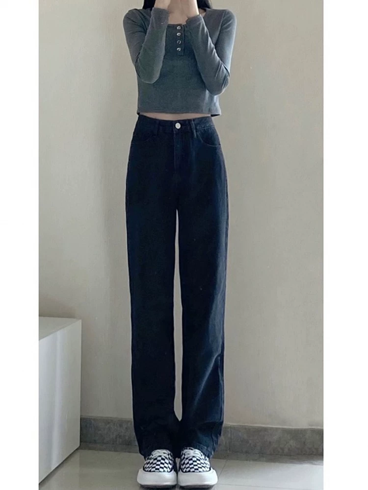 Quần jeans ống đứng dáng quả lê cho nữ thu đông 2025, size lớn, cạp cao, rộng rãi, tôn dáng, dài, ống rộng