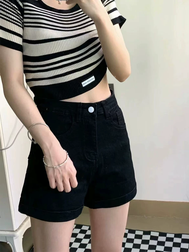 Quần short denim đen dành cho nữ, mùa hè, cỡ lớn, lưng cao, co giãn, che hông, giảm béo, dáng quả lê, dáng chữ A, quần ống rộng