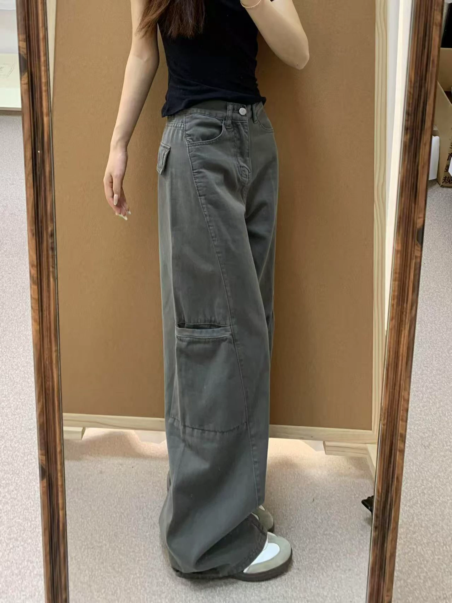 Quần ống rộng màu xám đậm kiểu Mỹ dành cho nữ, mùa thu, cỡ lớn, lưng cao, dáng rộng, dáng quả lê, quần jean ống thẳng
