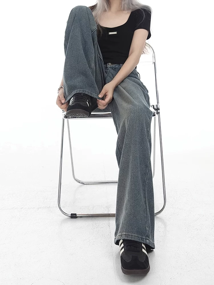 Quần jean ống đứng màu xanh cổ điển dáng quả lê dành cho nữ đầu thu cỡ lớn quần ống rộng lưng cao dáng rộng giảm béo