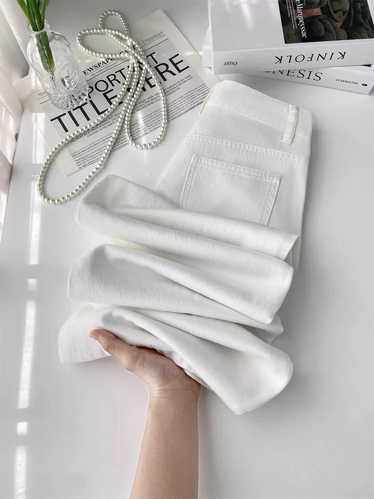 Quần jean Tencel trắng dành cho nữ, kiểu dáng mỏng mùa hè, cỡ lớn, lưng cao, dáng rộng, mềm mại, tôn dáng, quần ống rộng dài chạm sàn chất liệu lụa đá.