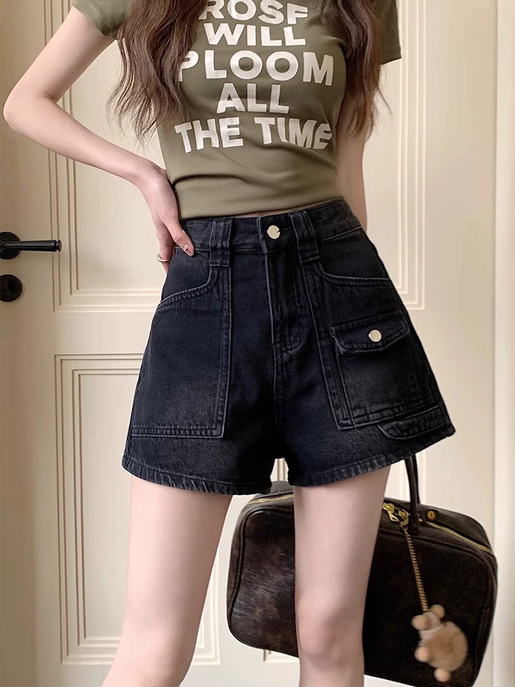 Quần short denim nữ cho mùa hè, kiểu dáng mỏng, cỡ lớn, được thiết kế dành cho phụ nữ có đường cong, lưng cao, dáng rộng, che hông, giảm béo, quần ống rộng chữ A.