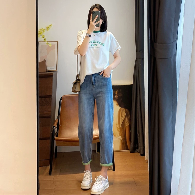 Quần jean harem dáng quả lê dành cho nữ, kiểu dáng mỏng mùa hè, cỡ lớn, siêu mềm và co giãn, tôn dáng và tôn dáng, quần bố ngắn.