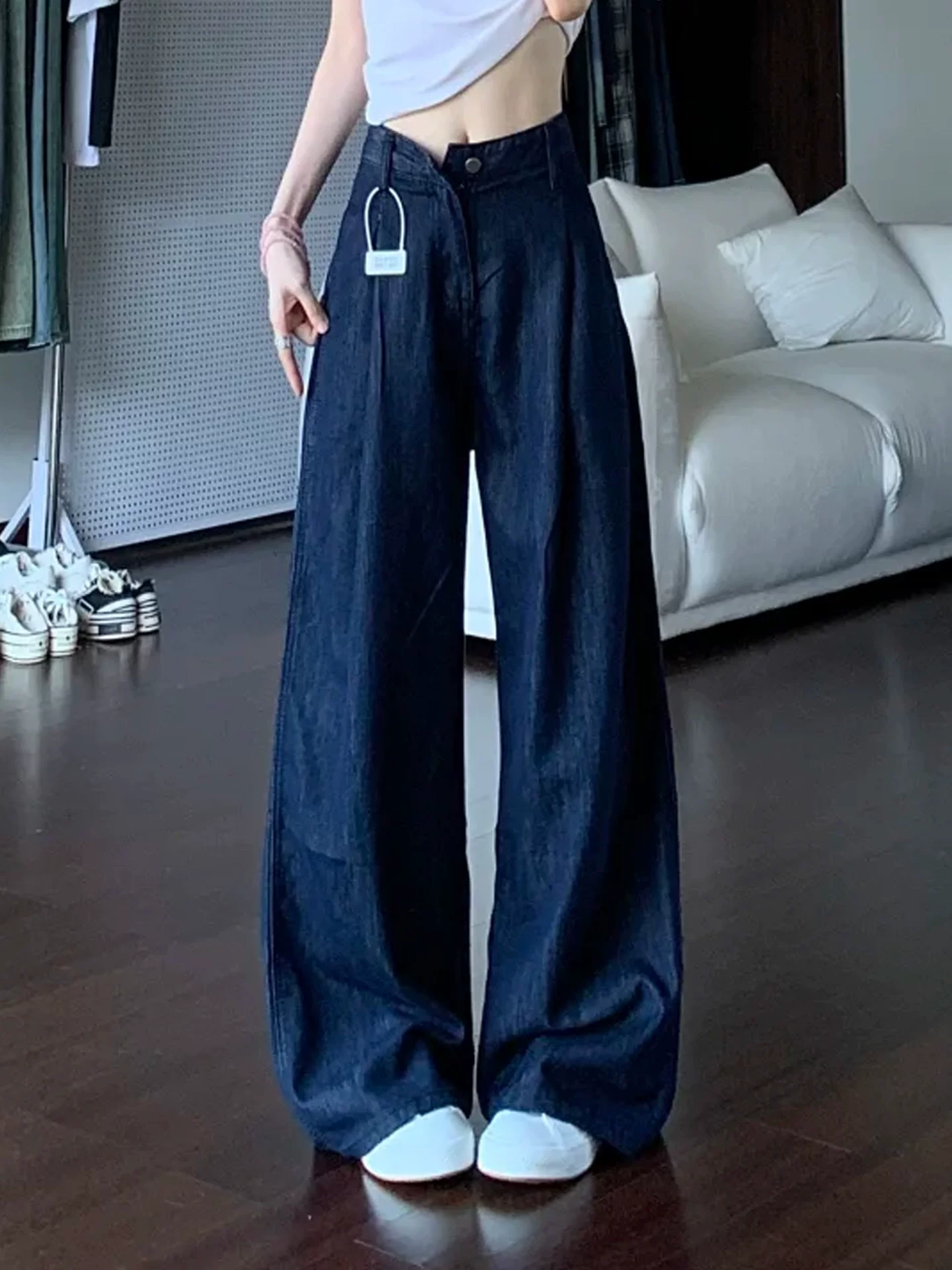 Quần jean ống rộng Tencel màu xanh đậm dành cho nữ, kiểu dáng mỏng mùa hè, cỡ lớn, lưng cao, mềm mại, tôn dáng, quần mát như lụa băng.